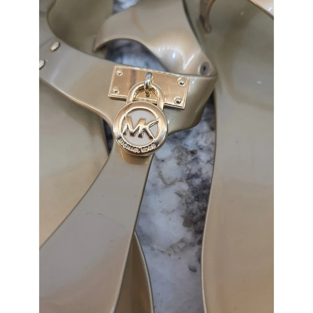 Michael Kors Gold Jelly Sandals MK Logo Lock Charm Thong Slingback 10M R116JI